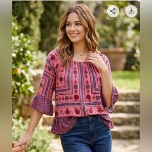 Style & Co. Pink Floral Border Print Peasant Blouse